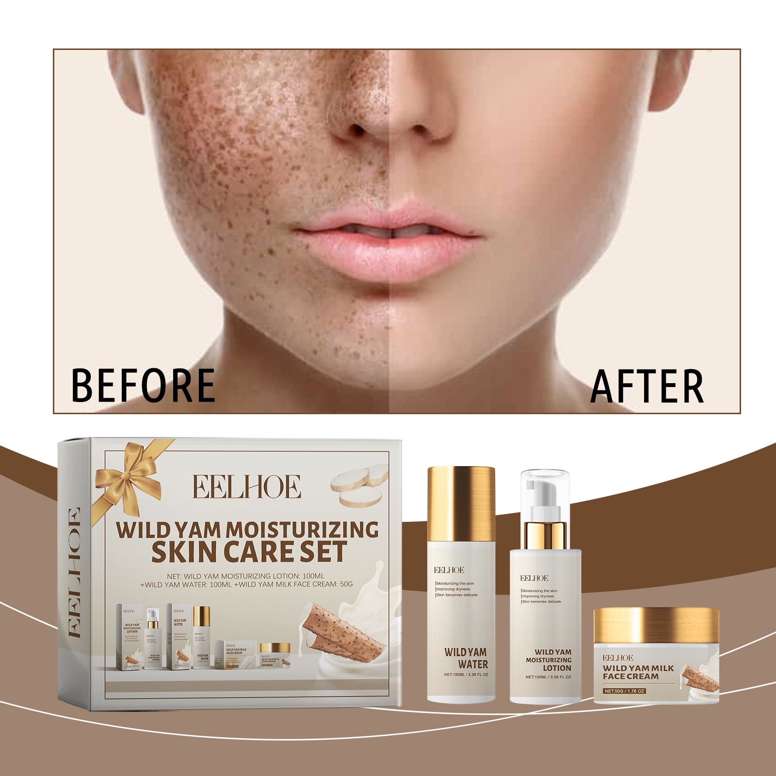 Wild Yam Moisturizing Skincare Set With Toner Lotion And Cream For Daily Hydration