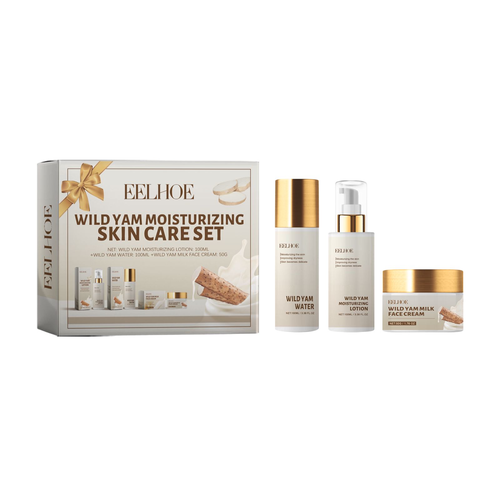 Wild Yam Moisturizing Skincare Set With Toner Lotion And Cream For Daily Hydration