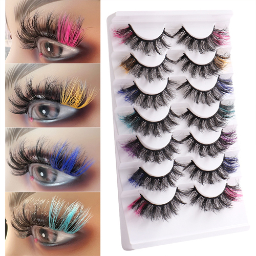 False Eyelashes Colored Fluffy Mink Lashes Curl Fake Eyelashes 8D Dramatic Wispy Lashes Extensions Natural Look Color Mixed 7 Pairs