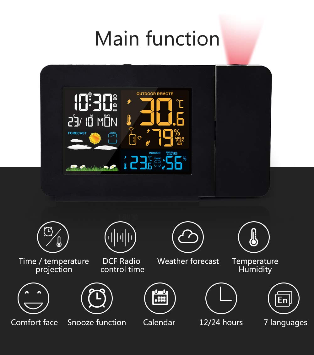 Projection Alarm Clock with Outdoor Sensor Personal Weather Station for Bedroom Projector Dimmable Clock Dual Alarms LCD Display Date Time Temperature Humidity