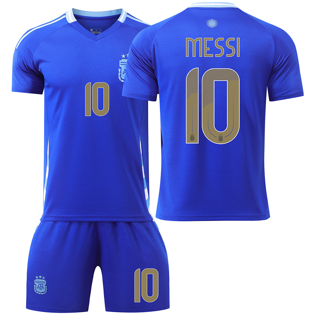 (Kids 2~3 Years) 2024 Argentina Away Football Kits with No.10 Messi Jersey Set Soccer Jerseys Boys Girls Football Training Shirts Shorts Socks Tracksuit Gifts for Kids