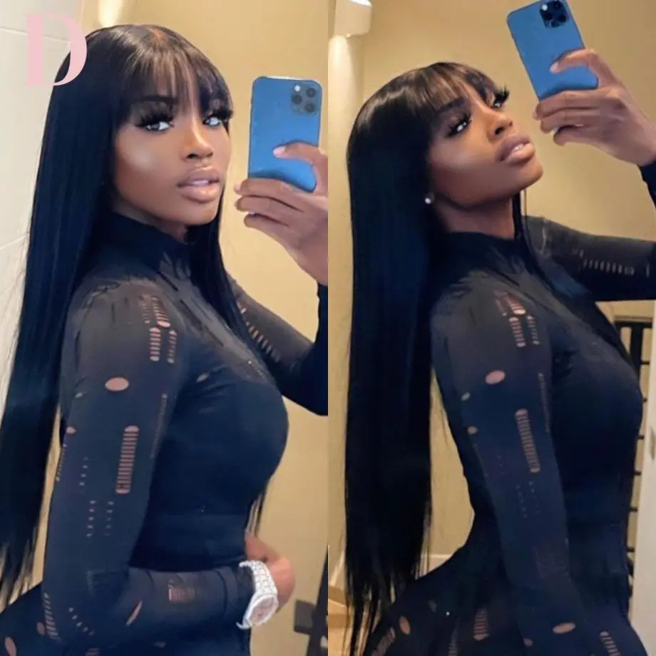 (180 Percent Density 16inches) Straight 3x1 Middle Part Lace Realistic Look Fake Scalp Wig Brazilian Wig Straight Fringe Human Hair With Bangs For Women