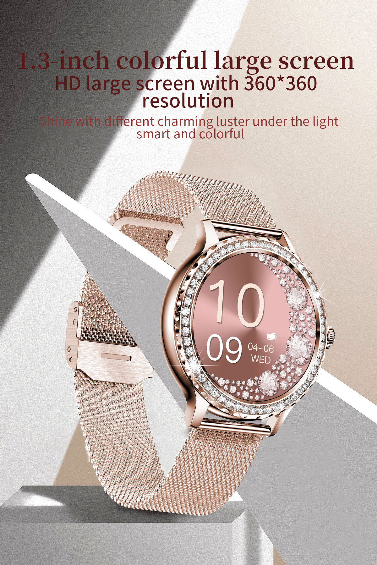 (Rose Gold) Women Smart Watch Fashion Bluetooth Call Intelligent Sports Bracelet IP68 Waterproof Watch Embedding Smartwatch for Android iOS Phones