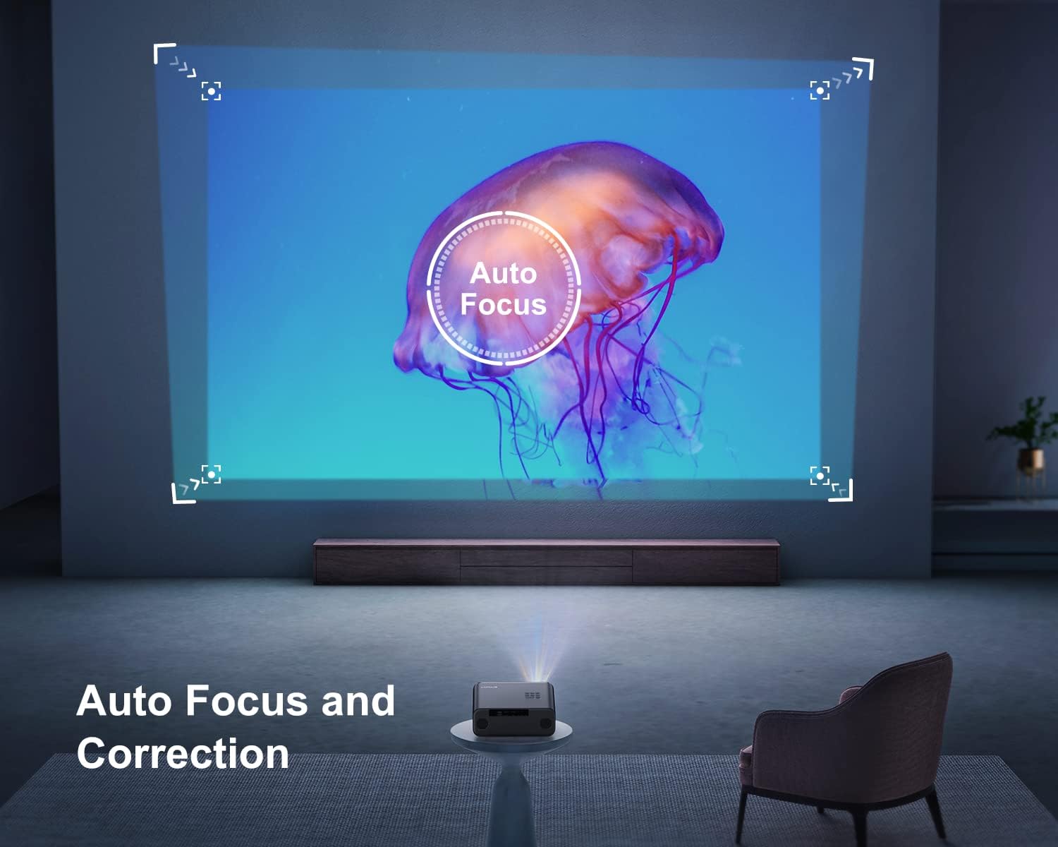 Auto Focus Keystone Projector 26000 Lumen WiFi Bluetooth Full HD 1080P Portable Projector Supported 4K 4D 4P Keystone Zoom 300 Inch Display Home Cinema Projector for Smartphone TV Stick PPT PS5