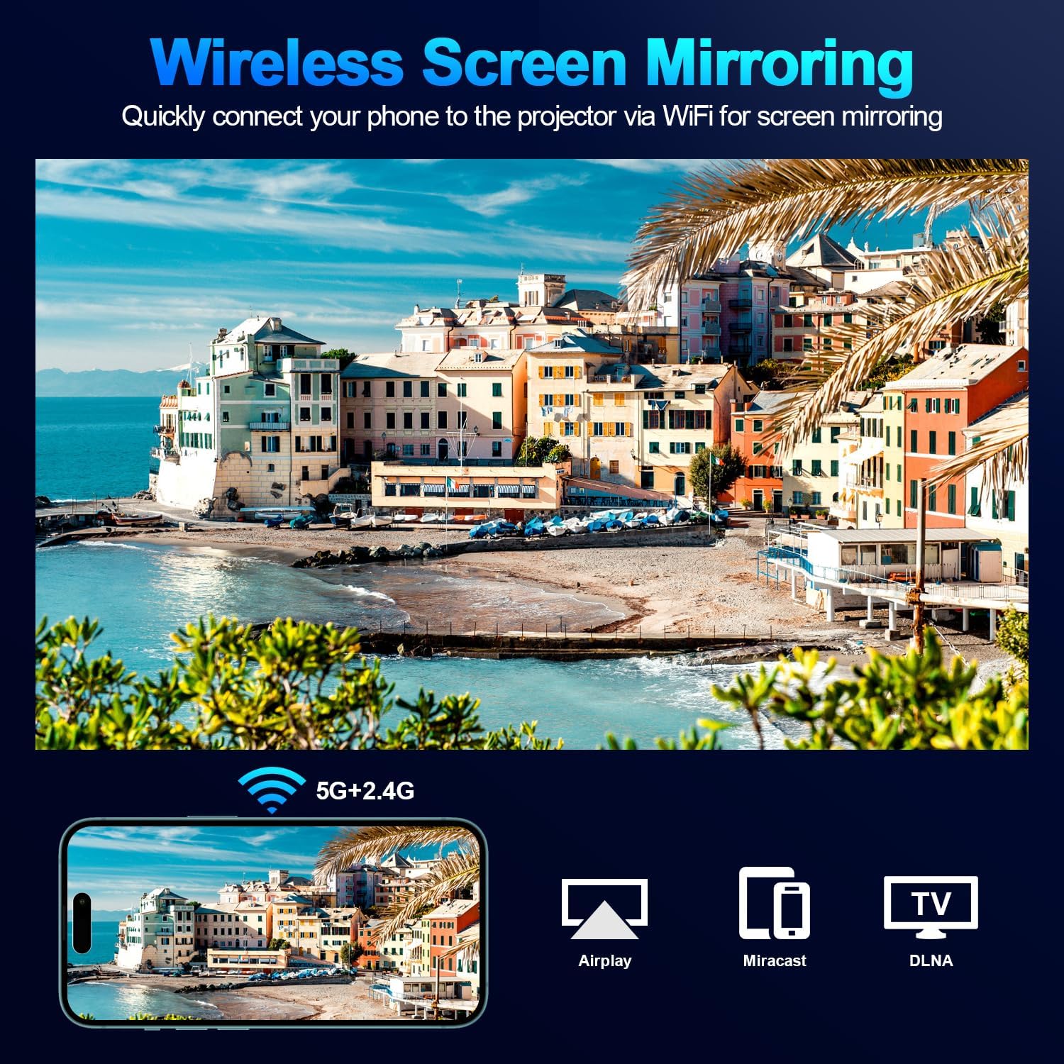 Projector with 5G WiFi Portable Video Projector 16000 Lumen Native 1080P BT Electric Focus Home Theater Movie Projector Compatible with iOS Android Phone TV Stick Laptop VGA Indoor Outdoor Use