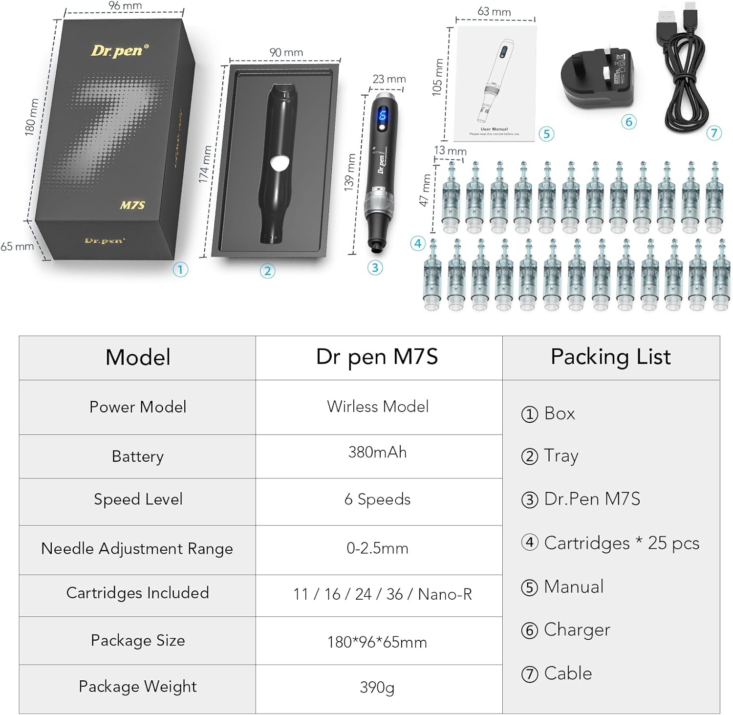 (Black) Dr. Pen M7S Professional Microneedling Pen Electric Skin Care Tool Adjustable Speeds Rechargeable Wrinkle Reduction Acne Scars Skin Brightening Pore Minimizing