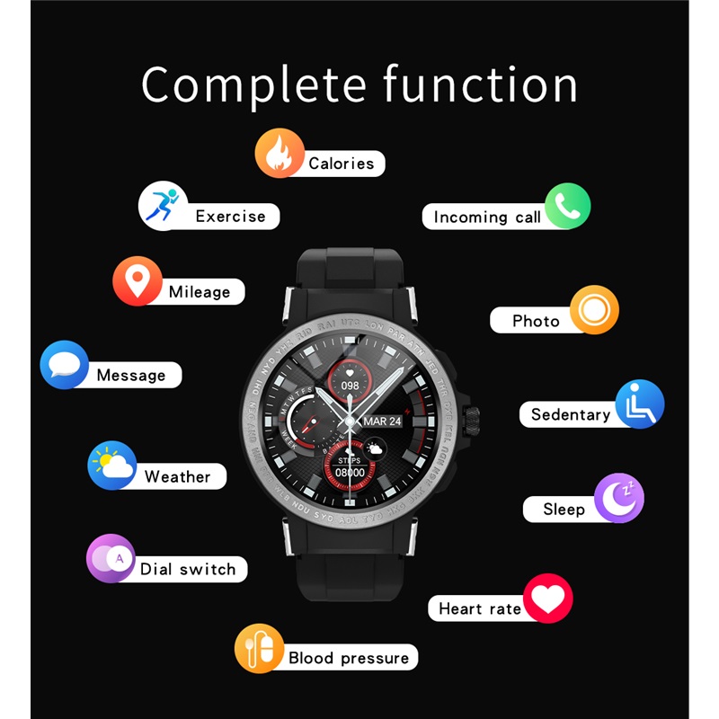 (Black) Smart Watch Men Women Full Touch Fitness Heart Rate Blood Oxygen Monitor Bracelet GPS Tracker Bracelet