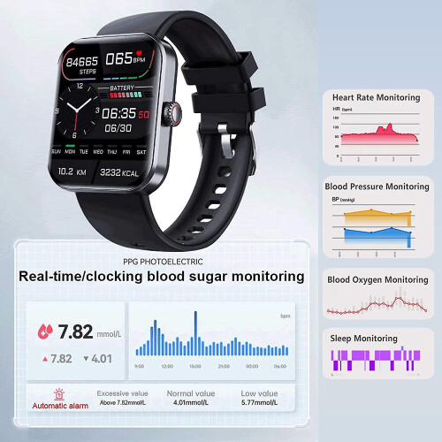 (Black) F57l Blood Glucose Monitoring Smartwatch, Fitness Tracker With Blood Pressure Smart Watch For Men Women