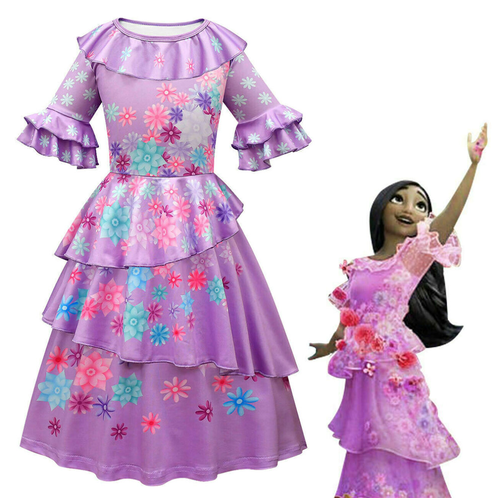 (6-7 Years) Girls Encanto Isabella Cosplay Costume Ruffle Floral Princess Dress Party Bi