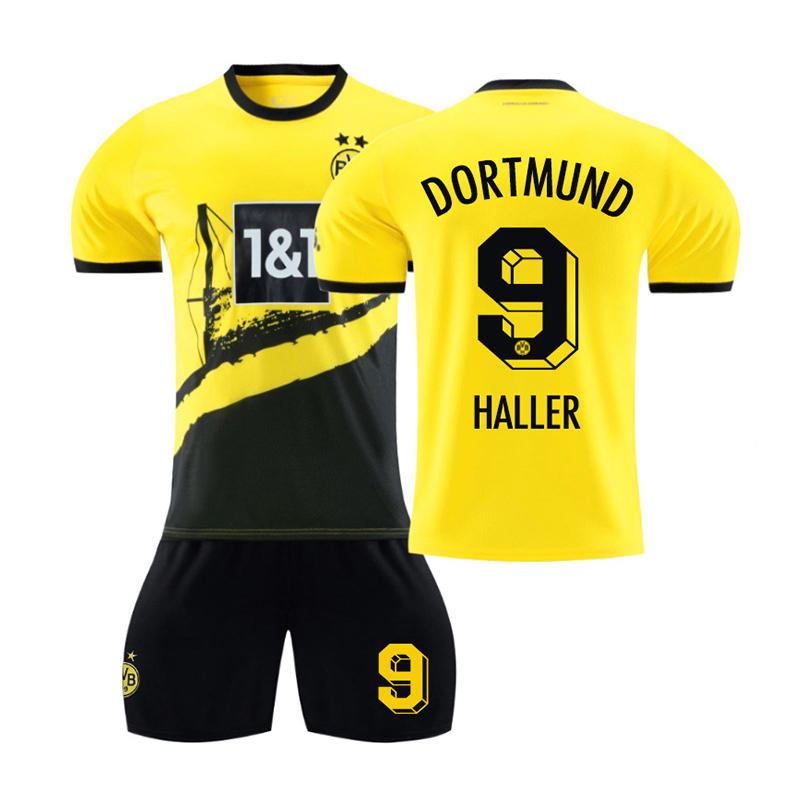 (Kids 16) 23-24 Dortmund Home Football Kits Sport Training Jersey Haller No.9 T-shirt Set For Kids Adults Boys