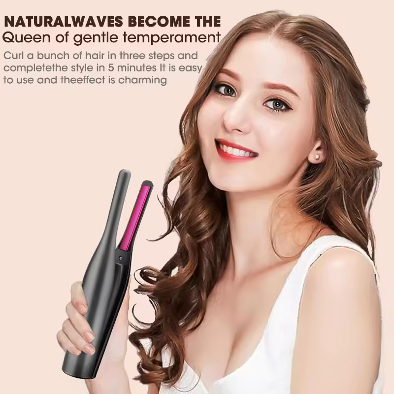 (Grey) Hair Straightener Brush Professional 2 In 1 Hair Curling and Straightening Iron Hair Curling Tools Hair Curler for Ladies Ceramic Rechargeable Flat Iron