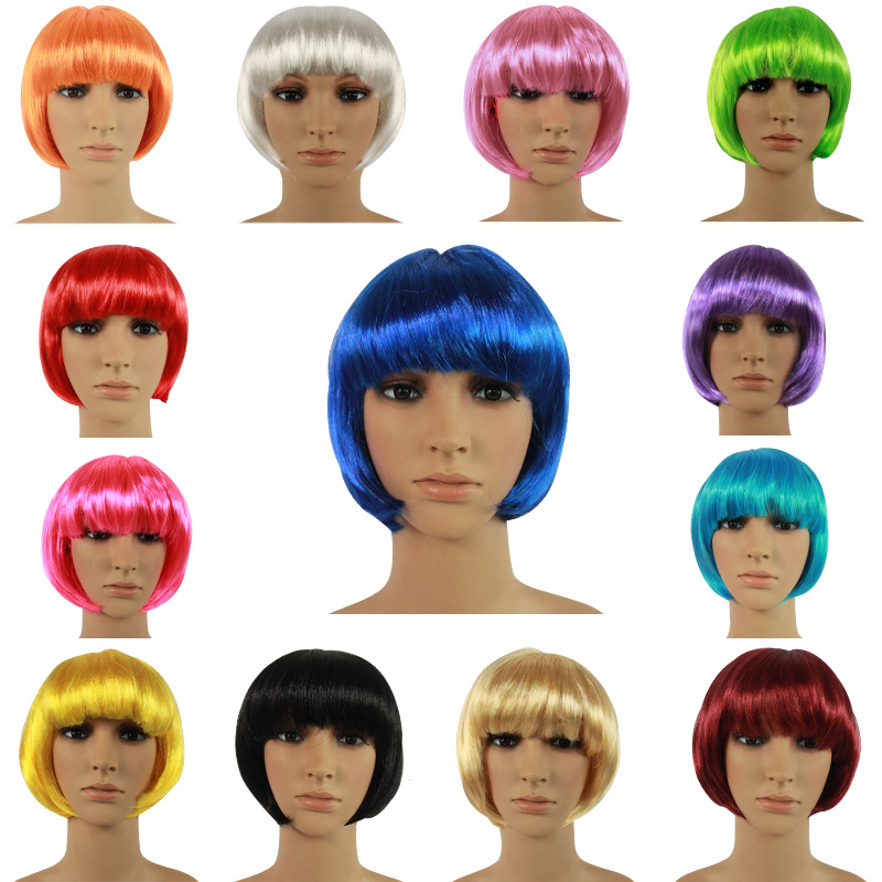 (Purple) Halloween Short Bob Synthetic Wig Women Wig Windproof Inner Mesh Adjustable Light Weight Front Head Wig Straight Bangs Beauty Cosplay Party Stage Show 27cm