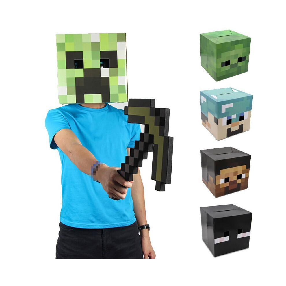 (Brown Steve) Minecraft Cardboard Headgear Box Cosplay Costume Steve Creeper Enderman Zombie Headpiece Costume Mask One Size