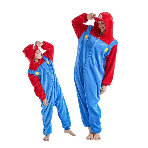 (Kids 100CM) Super Mario Bros Red Jumpsuit Doll Clothing for Adult Child One-piece Nightwear Pyjamas Fall Winter Warmth Anime Performer Costume