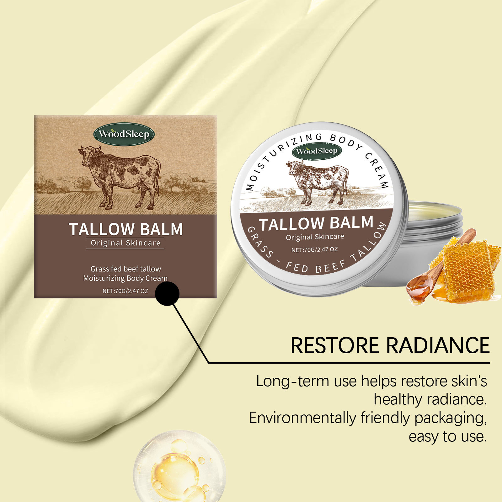 WoodSleep Beef Tallow Balm Moisturizer Sebum and Honey Cream Nourishing Softening Smoothing Relieve Dryness Face Body Cream Natural Beef Tallow Lotion