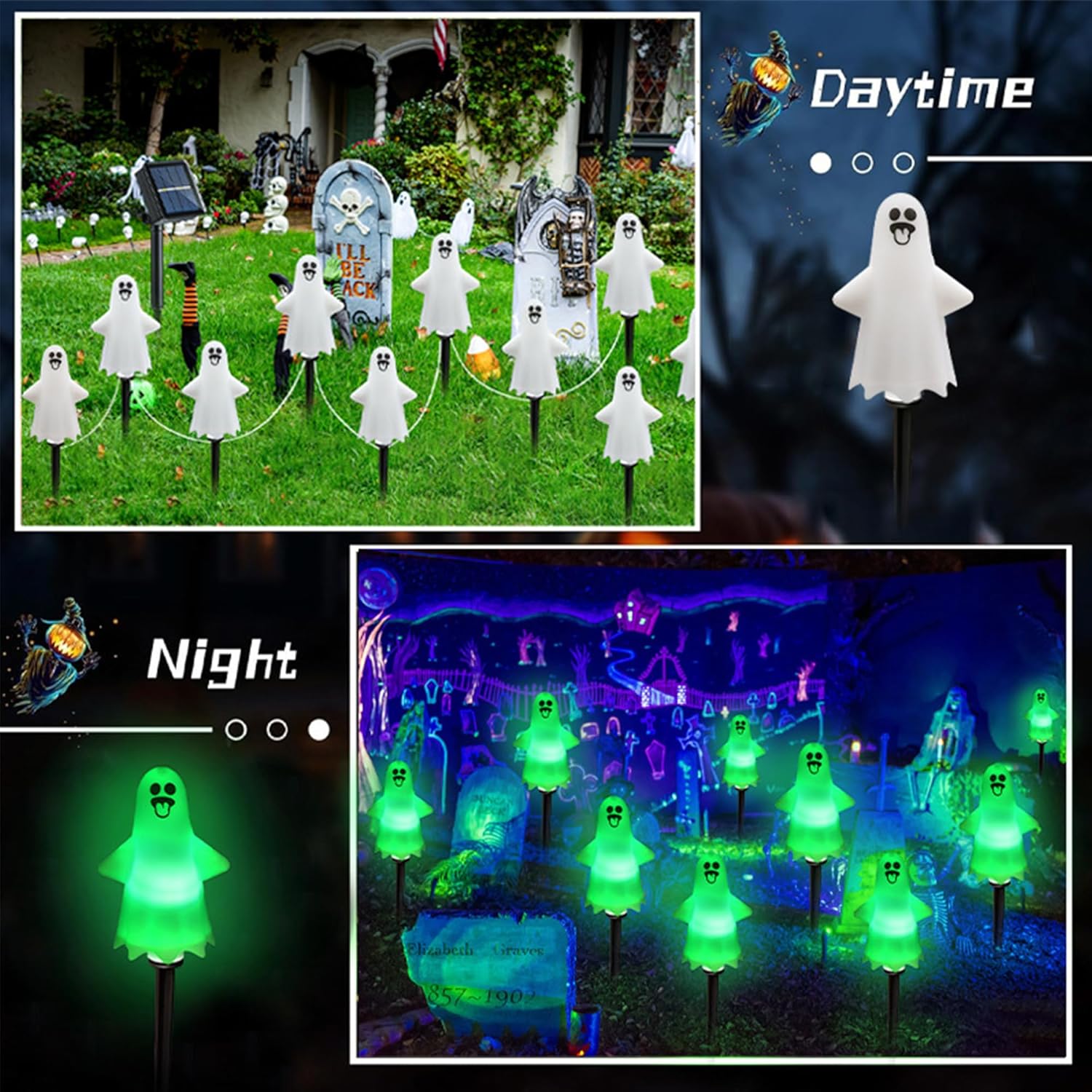 Halloween Ground Lights with Solar Panel Ghost Decoration Pathway Lighting Light Energy-efficient Weatherproof Yard Stake Lights