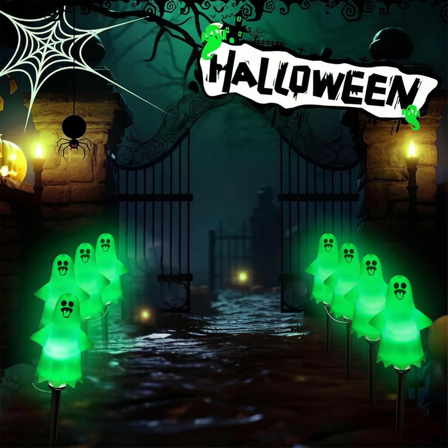 Halloween Ground Lights with Solar Panel Ghost Decoration Pathway Lighting Light Energy-efficient Weatherproof Yard Stake Lights