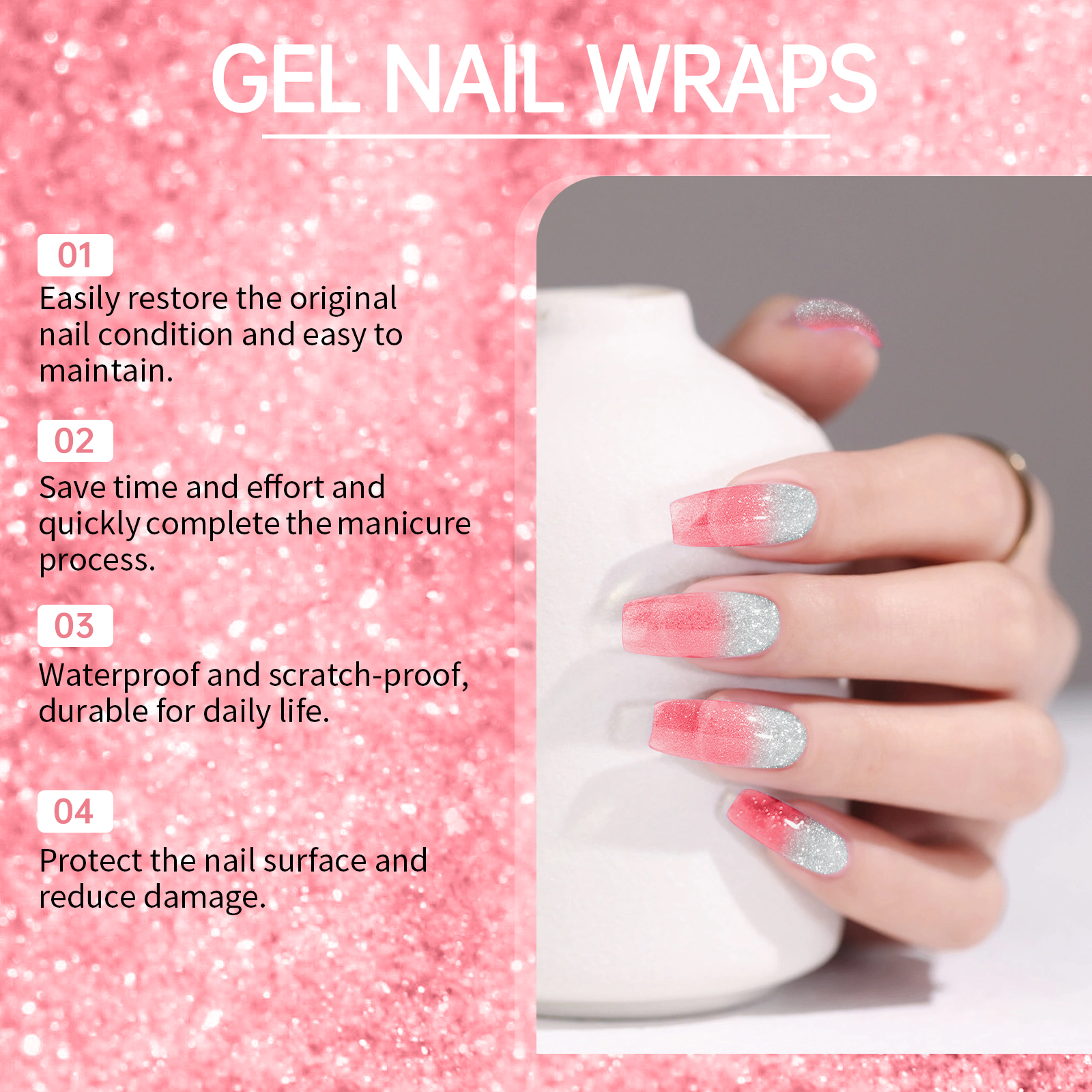 (Pink) Soft Gel Nail Stickers Set Sparkling Green Semi Cured Nail Wraps Fresh Sparkling Simple Style Soft Nail Patches