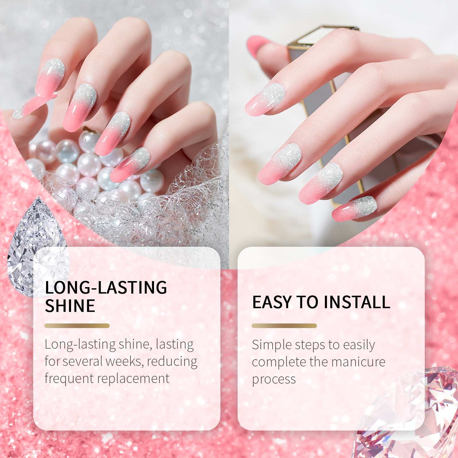(Pink) Soft Gel Nail Stickers Set Sparkling Green Semi Cured Nail Wraps Fresh Sparkling Simple Style Soft Nail Patches