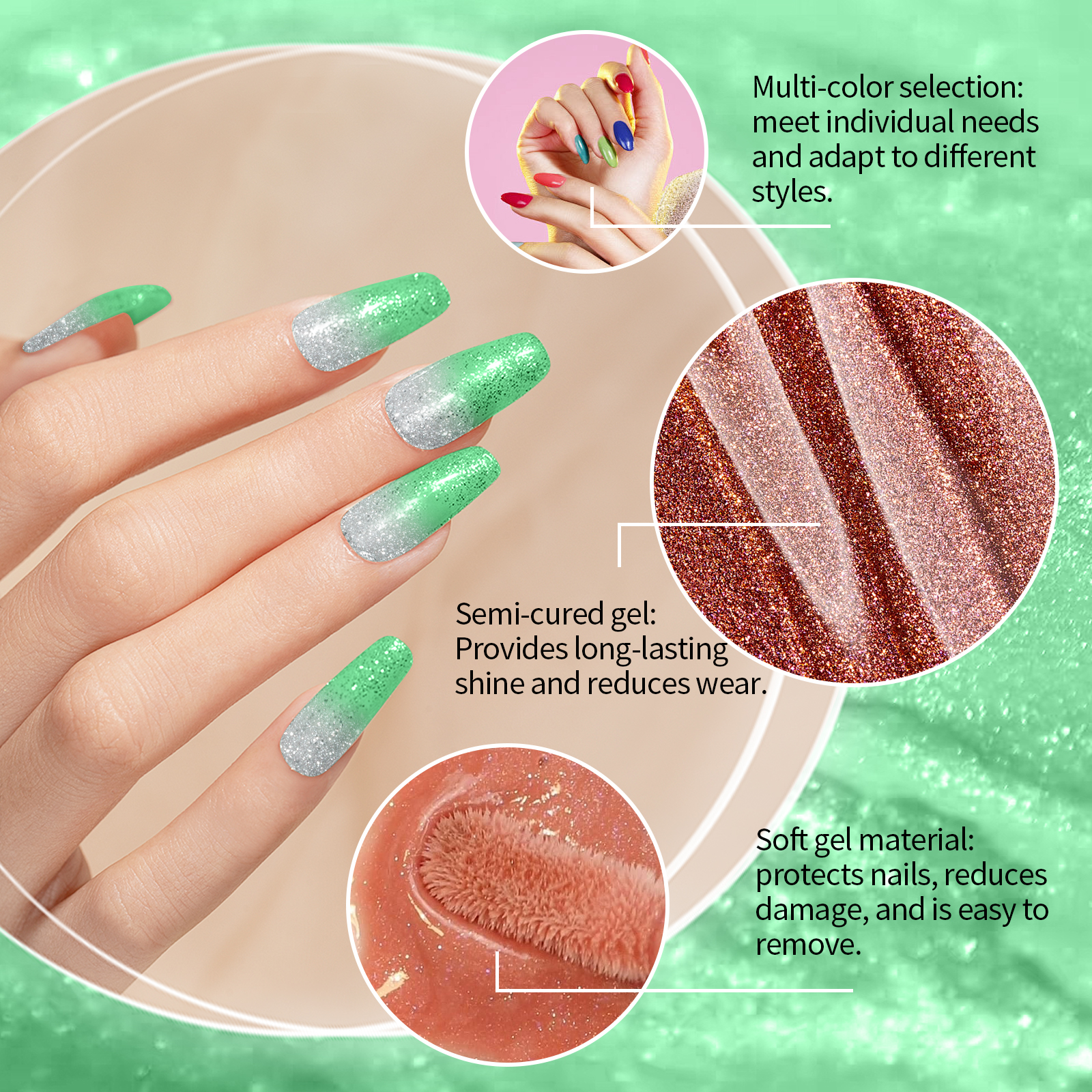 (Pink) Soft Gel Nail Stickers Set Sparkling Green Semi Cured Nail Wraps Fresh Sparkling Simple Style Soft Nail Patches