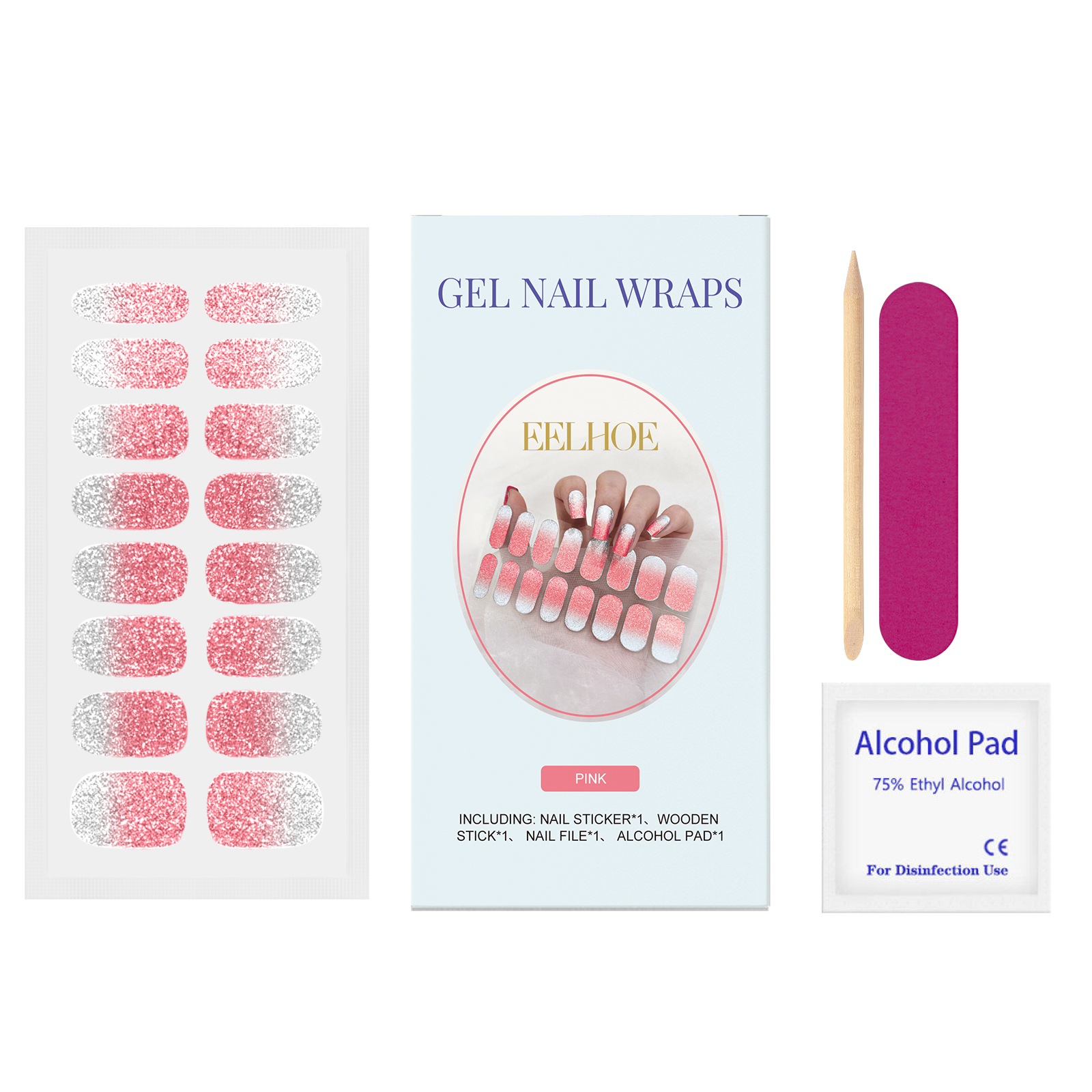 (Pink) Soft Gel Nail Stickers Set Sparkling Green Semi Cured Nail Wraps Fresh Sparkling Simple Style Soft Nail Patches