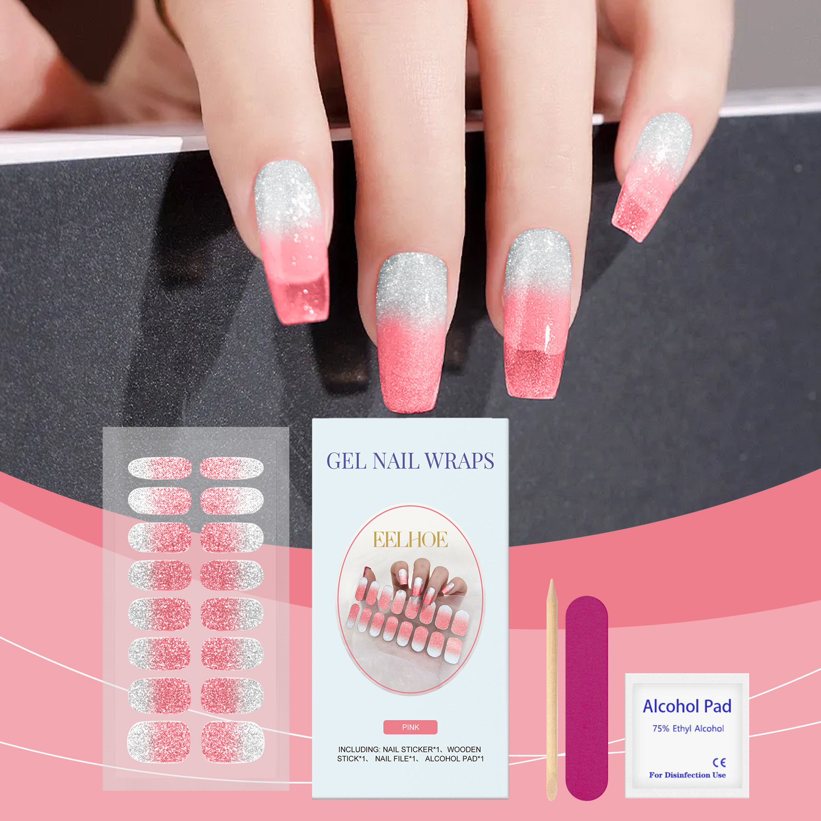 (Pink) Soft Gel Nail Stickers Set Sparkling Green Semi Cured Nail Wraps Fresh Sparkling Simple Style Soft Nail Patches