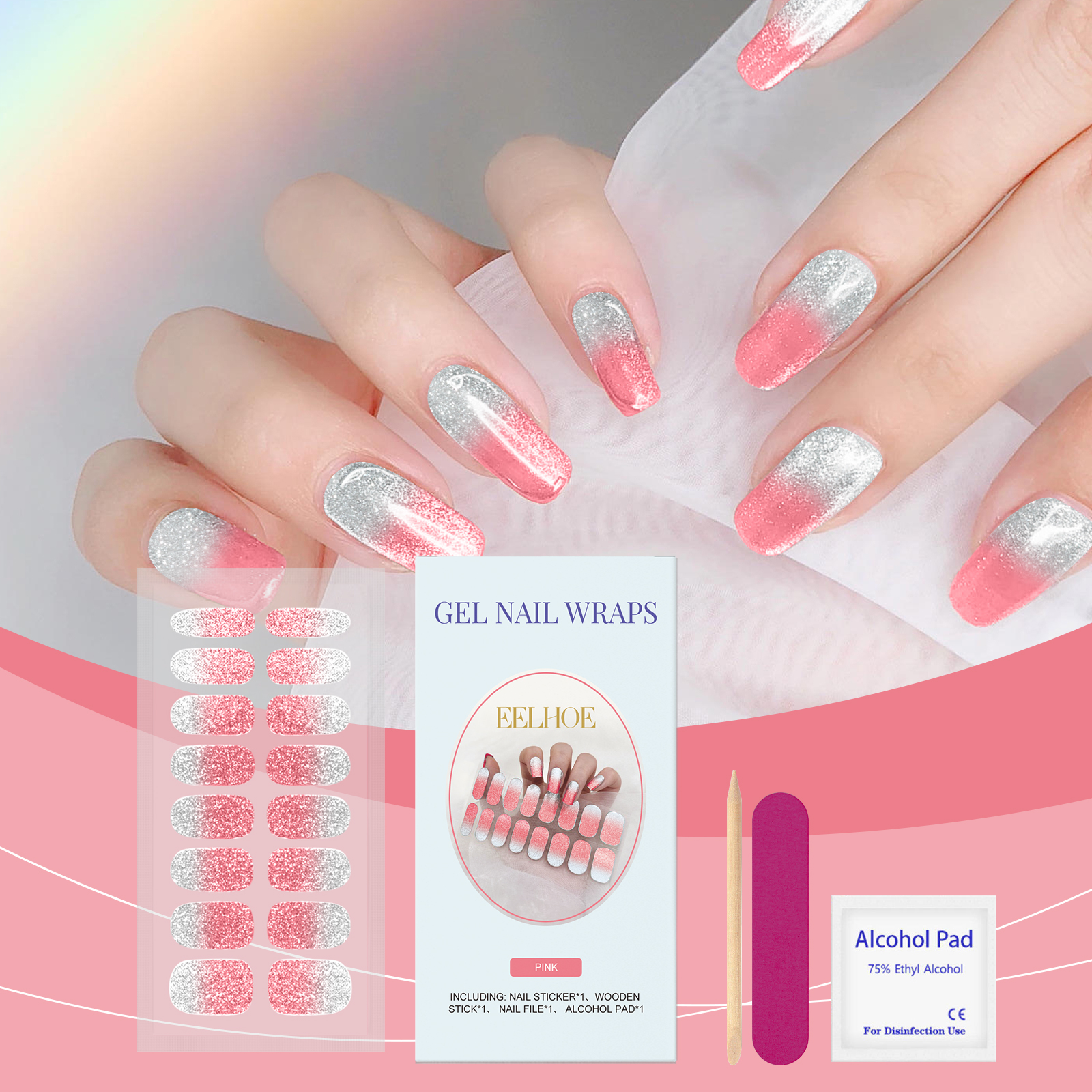 (Pink) Soft Gel Nail Stickers Set Sparkling Green Semi Cured Nail Wraps Fresh Sparkling Simple Style Soft Nail Patches