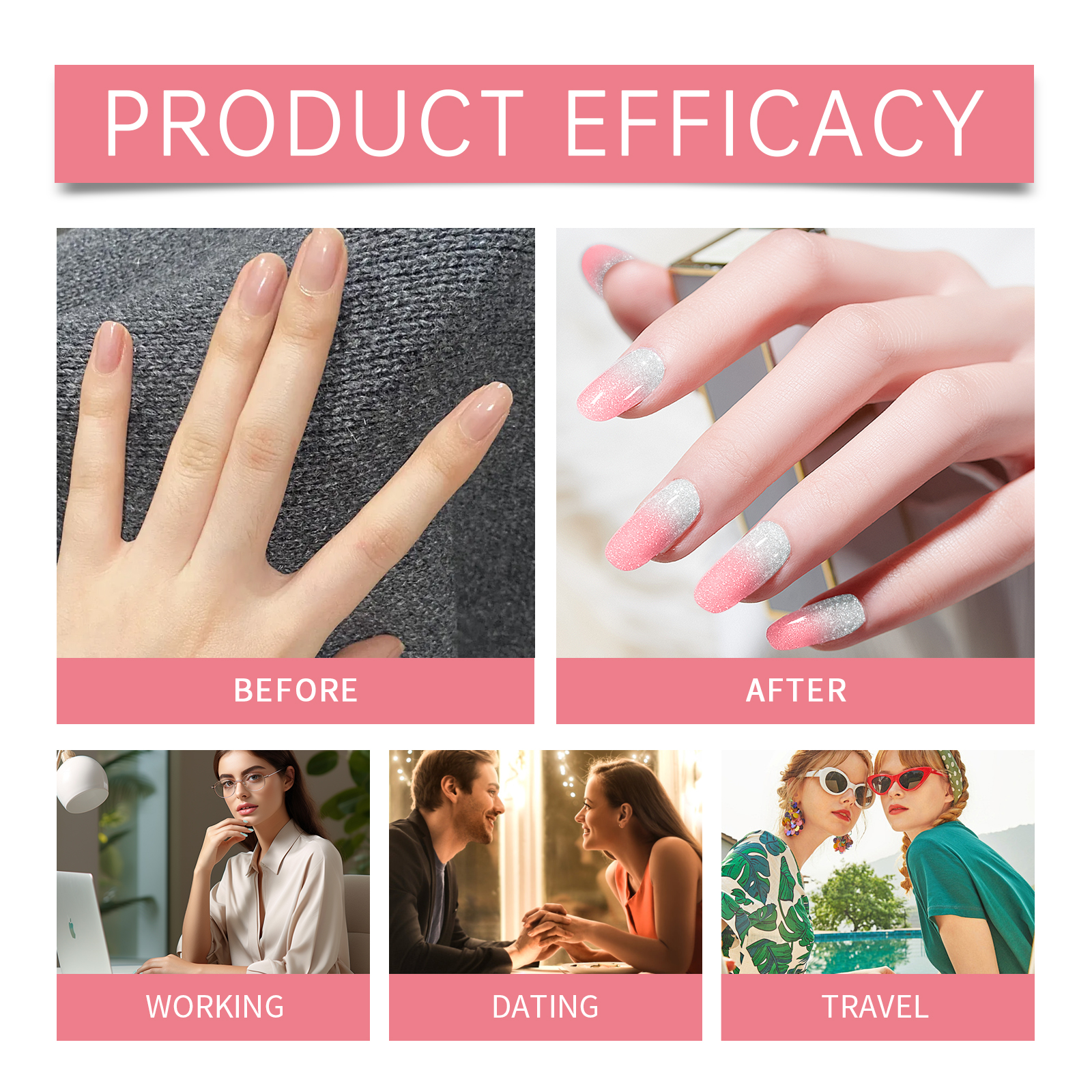 (Pink) Soft Gel Nail Stickers Set Sparkling Green Semi Cured Nail Wraps Fresh Sparkling Simple Style Soft Nail Patches