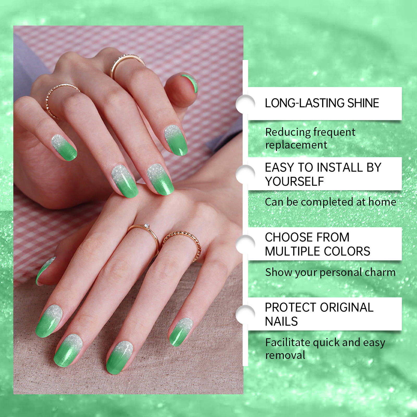 (Pink) Soft Gel Nail Stickers Set Sparkling Green Semi Cured Nail Wraps Fresh Sparkling Simple Style Soft Nail Patches