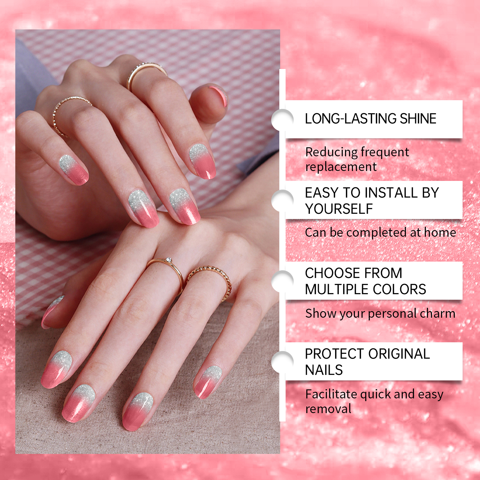 (Pink) Soft Gel Nail Stickers Set Sparkling Green Semi Cured Nail Wraps Fresh Sparkling Simple Style Soft Nail Patches