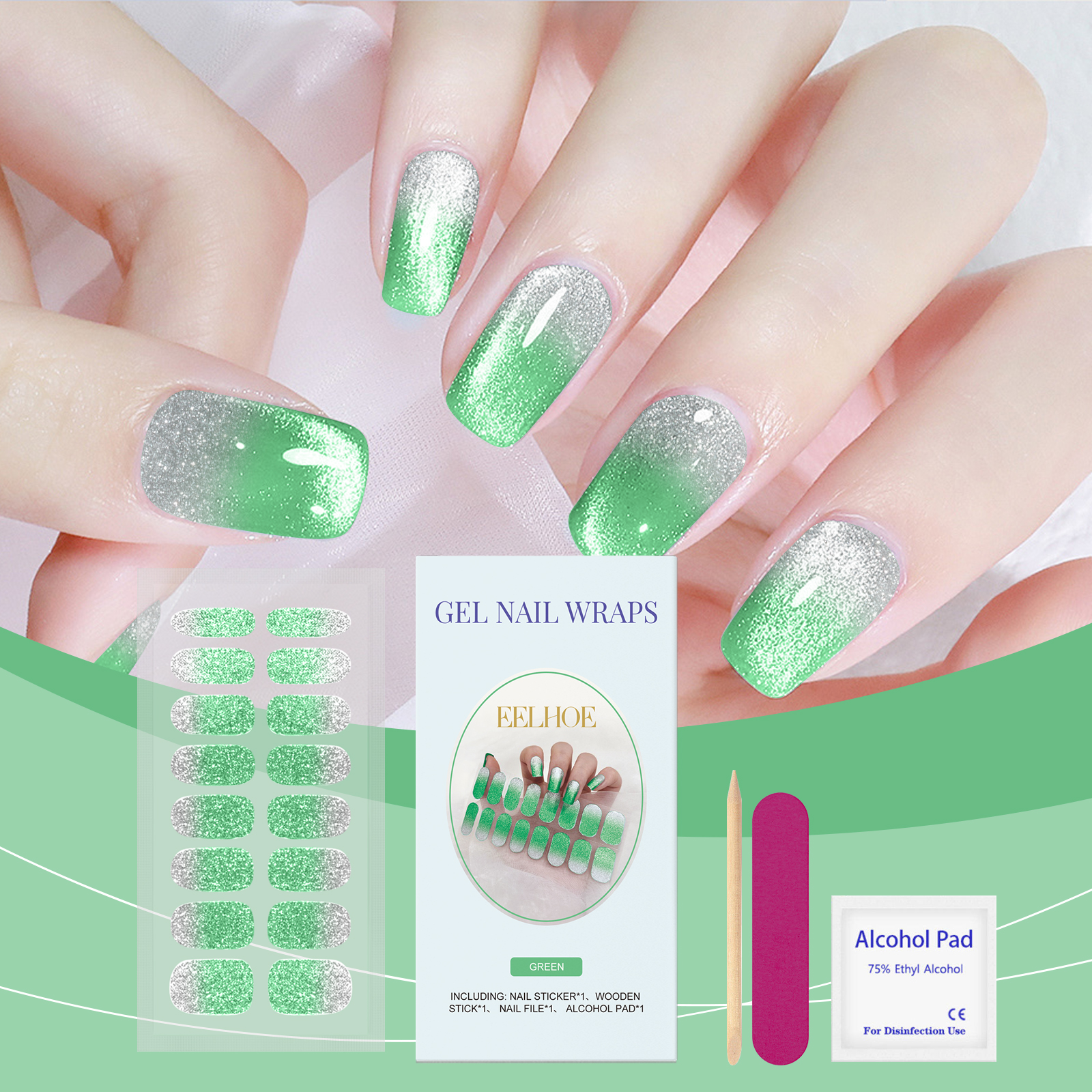 (Pink) Soft Gel Nail Stickers Set Sparkling Green Semi Cured Nail Wraps Fresh Sparkling Simple Style Soft Nail Patches