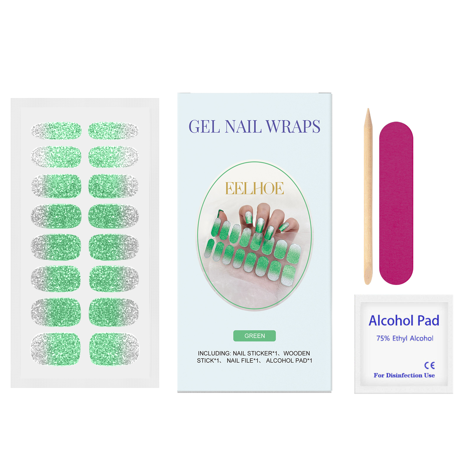 (Pink) Soft Gel Nail Stickers Set Sparkling Green Semi Cured Nail Wraps Fresh Sparkling Simple Style Soft Nail Patches