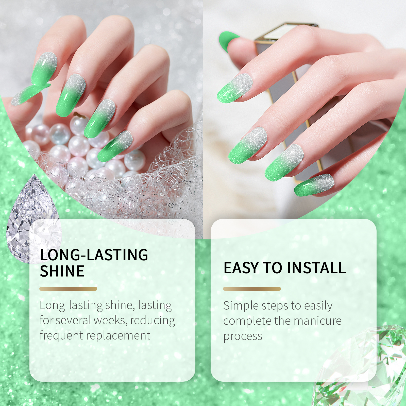 (Pink) Soft Gel Nail Stickers Set Sparkling Green Semi Cured Nail Wraps Fresh Sparkling Simple Style Soft Nail Patches