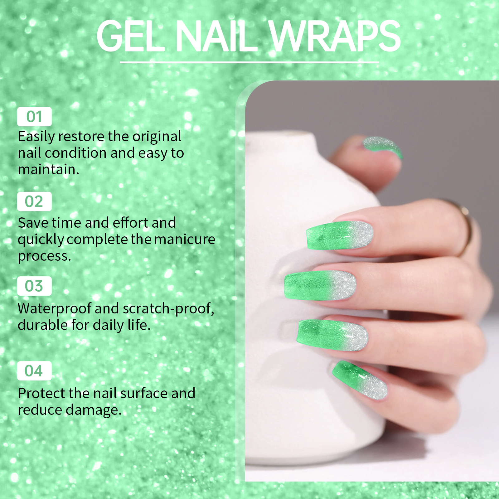 (Pink) Soft Gel Nail Stickers Set Sparkling Green Semi Cured Nail Wraps Fresh Sparkling Simple Style Soft Nail Patches