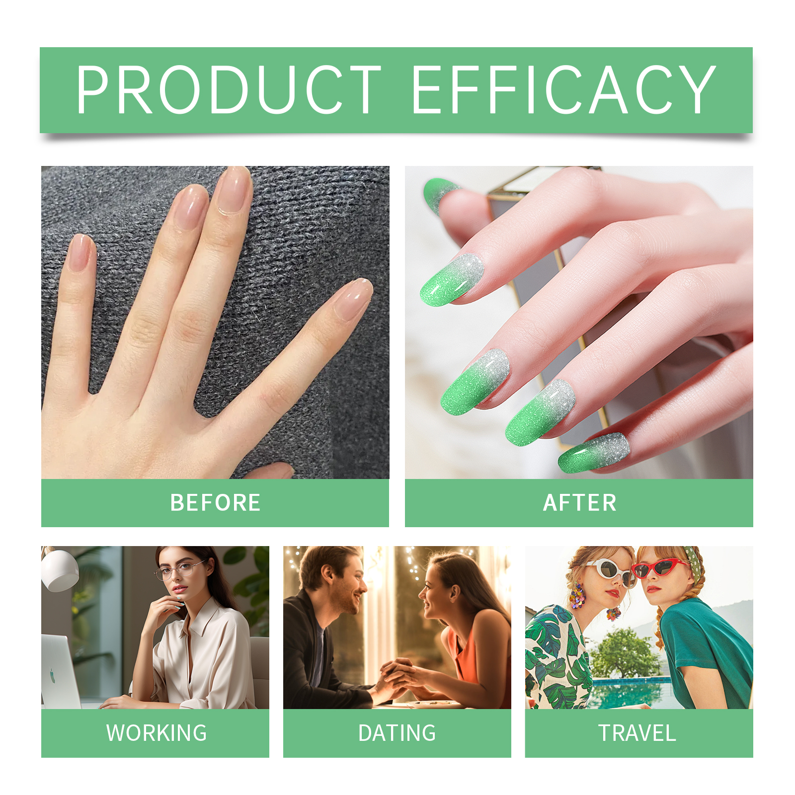(Pink) Soft Gel Nail Stickers Set Sparkling Green Semi Cured Nail Wraps Fresh Sparkling Simple Style Soft Nail Patches