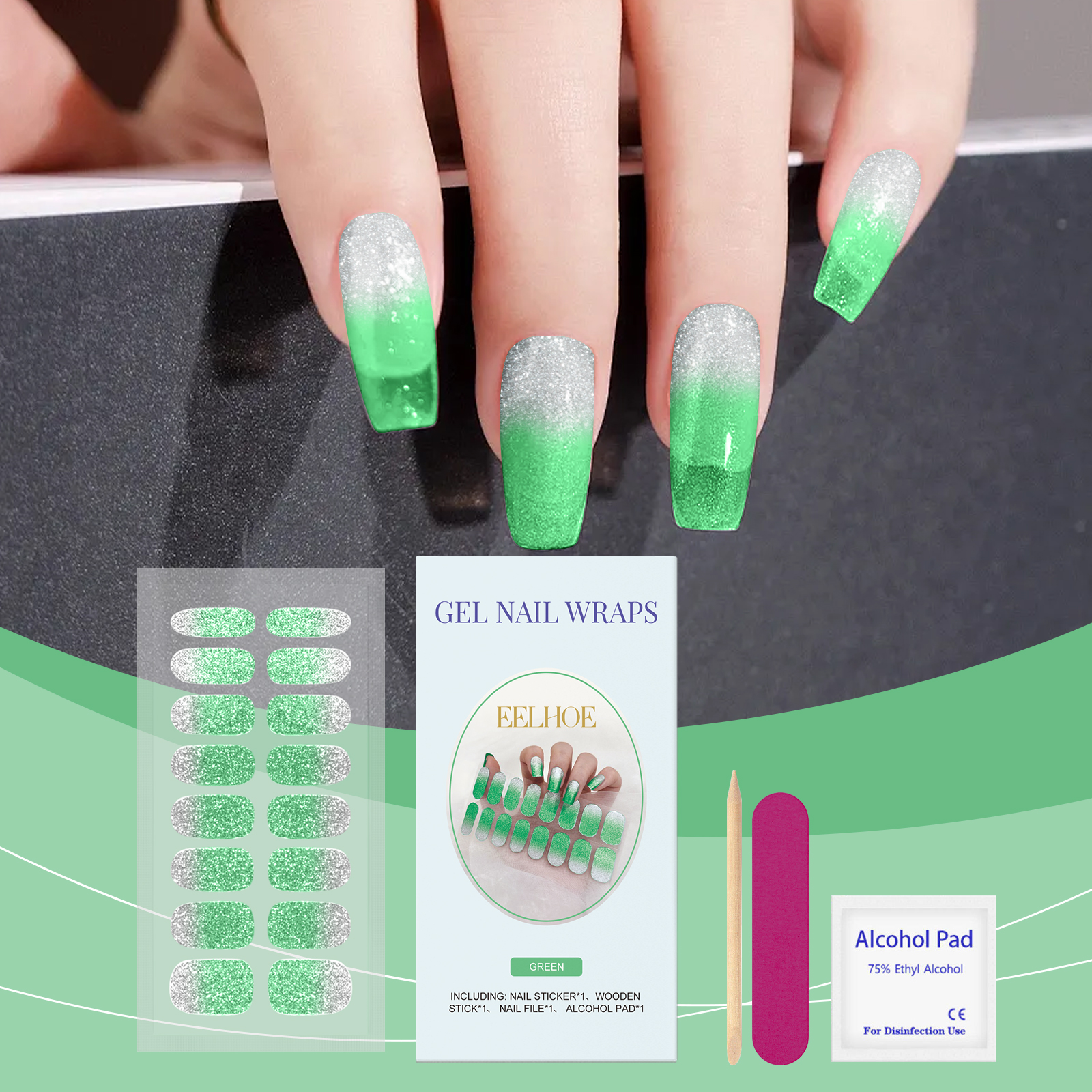 (Pink) Soft Gel Nail Stickers Set Sparkling Green Semi Cured Nail Wraps Fresh Sparkling Simple Style Soft Nail Patches