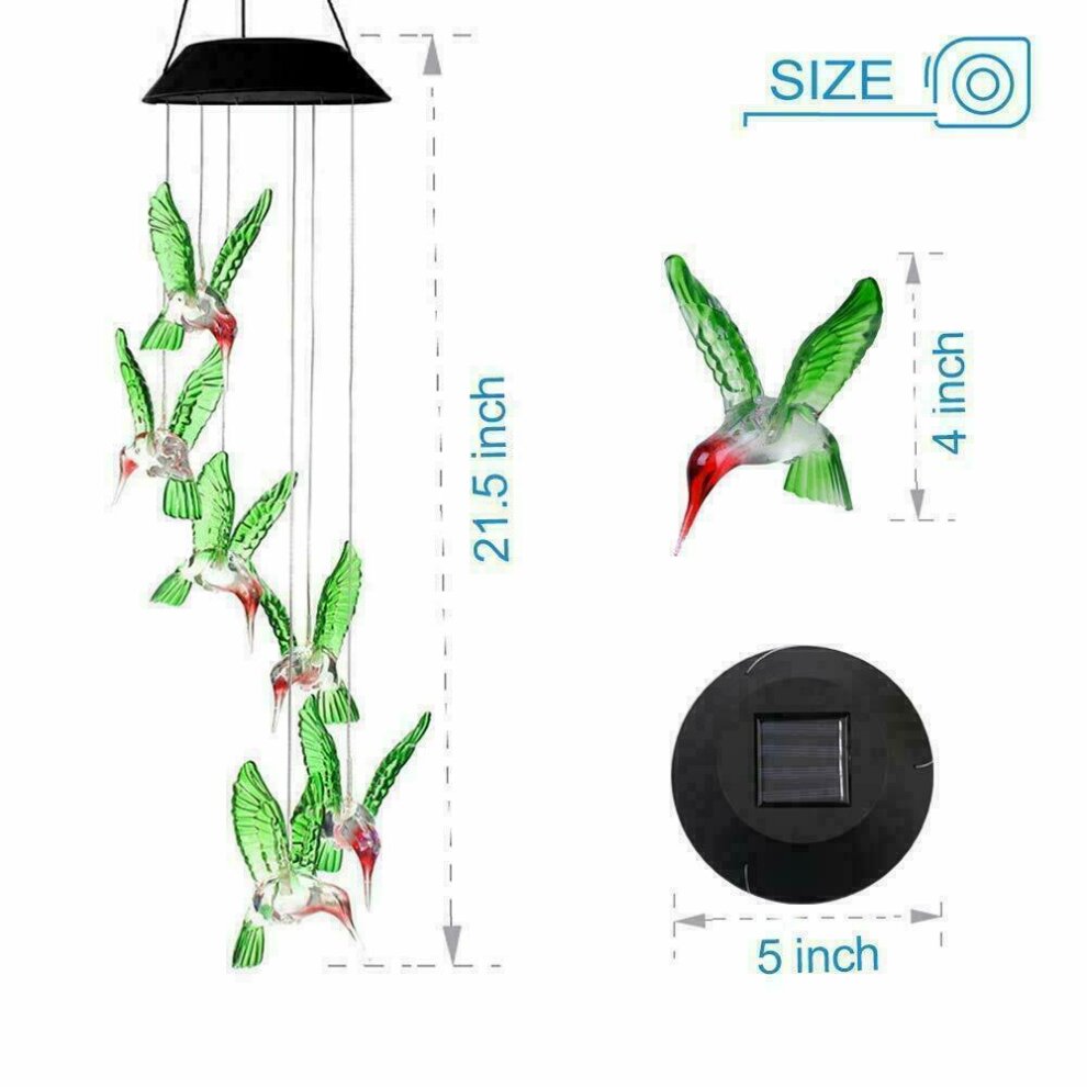 LED Colorful Solar Power Wind Chime Crystal Hummingbird Outdoor Light
