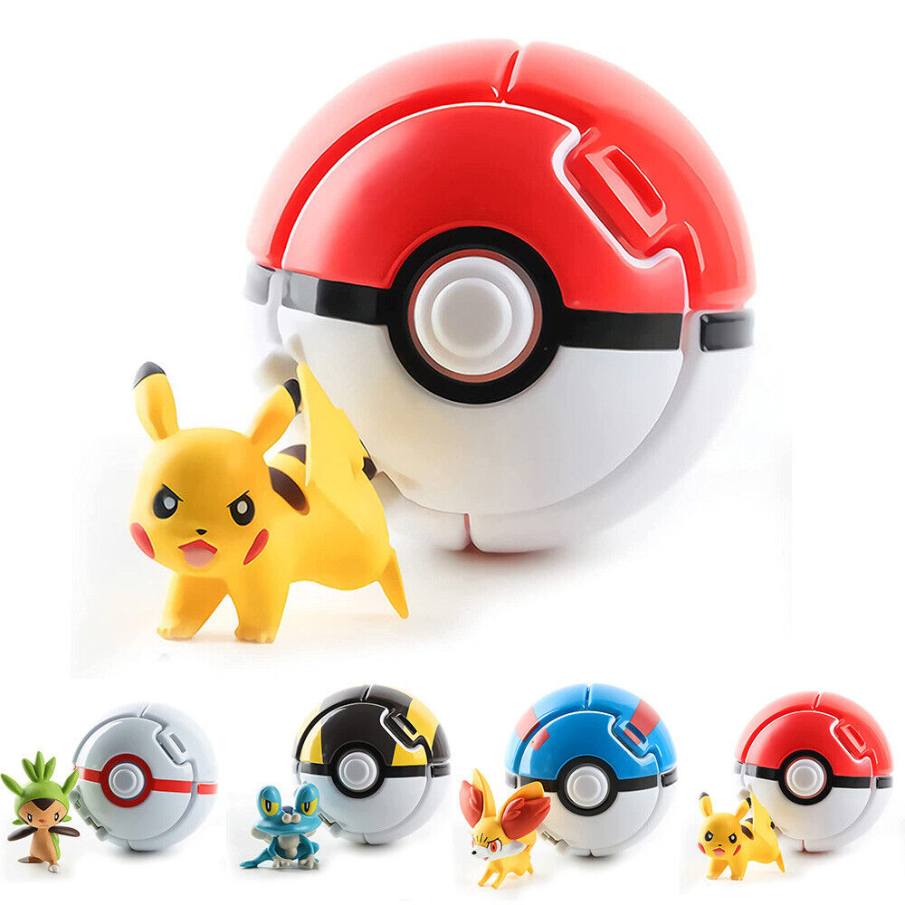 (Pikachu 4) Pokemon Poke Ball Action Figure Model Toys Pikachu Charmander Litten Rockruff Ball Toy with  Mini Figures Gifts for Kids Boy