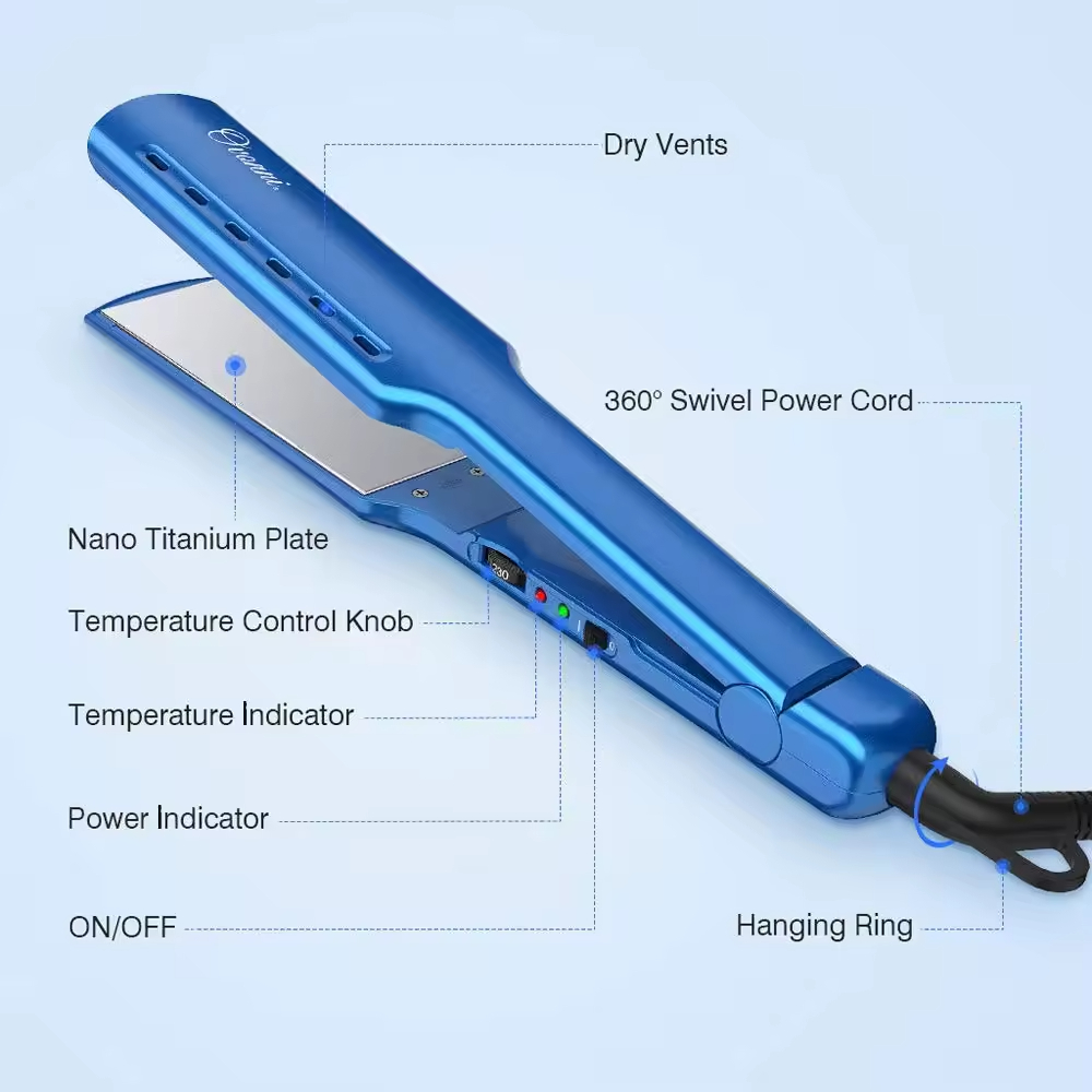 Nano Titanium Flat Iron Hair Straightener Flat Iron Electric Wide Plate Hair Straighteners for Professional Salon Results and All Hair Types Blue
