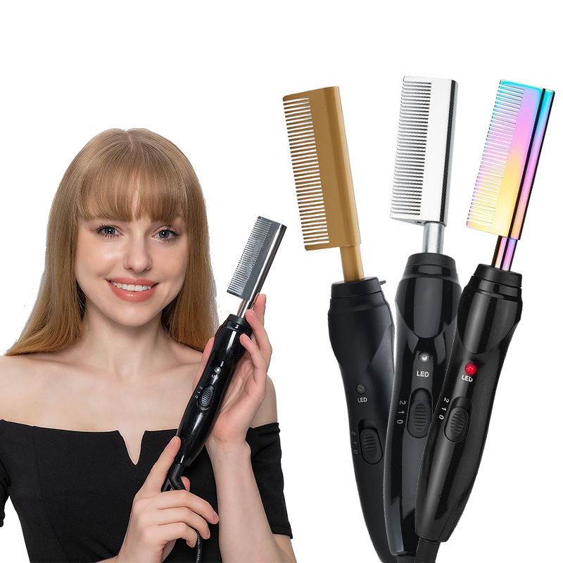 (Gold) Hot Comb Hair Straightener Portable Hair Straightener for Wet and Dry Hairener & Curly Hair Comb