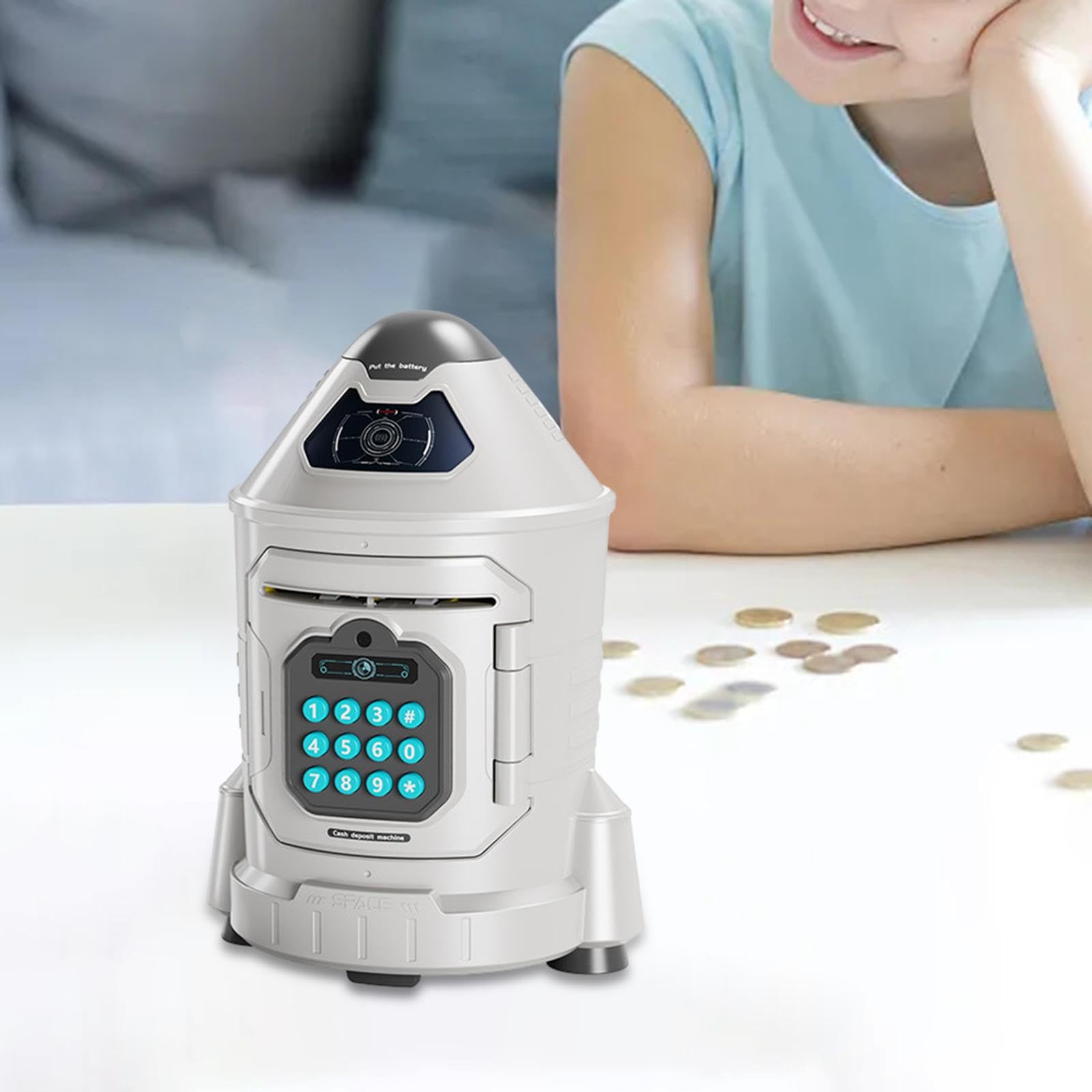 (Blue) Rocket Piggy Bank Electronic ATM Savings Machine with Password Face Recognition Auto Scroll ATM Machine for Boy Girls