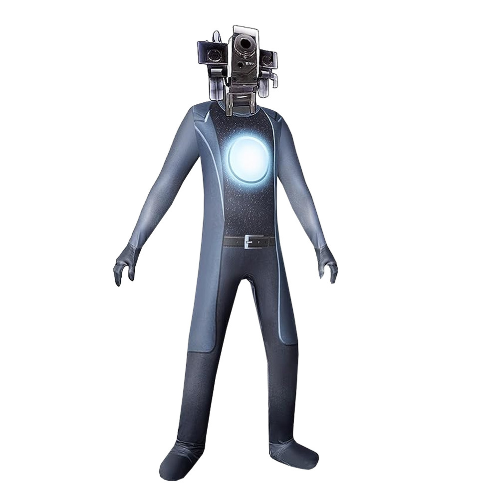 (Size 110) Skibidi Toilet Jumpsuit for Children Cameraman Halloween Cosplay Costumes with Mask Horror Games Fans Kids Fancy Dress Carnival Event Party Black