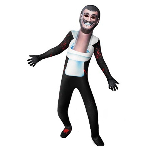 (Size 110) Skibidi Toilet Toilet Man Cosplay Cosume for Kids Jumpsuit Horror Game Costume Mask Party Fancy Dress Halloween Bodysuits