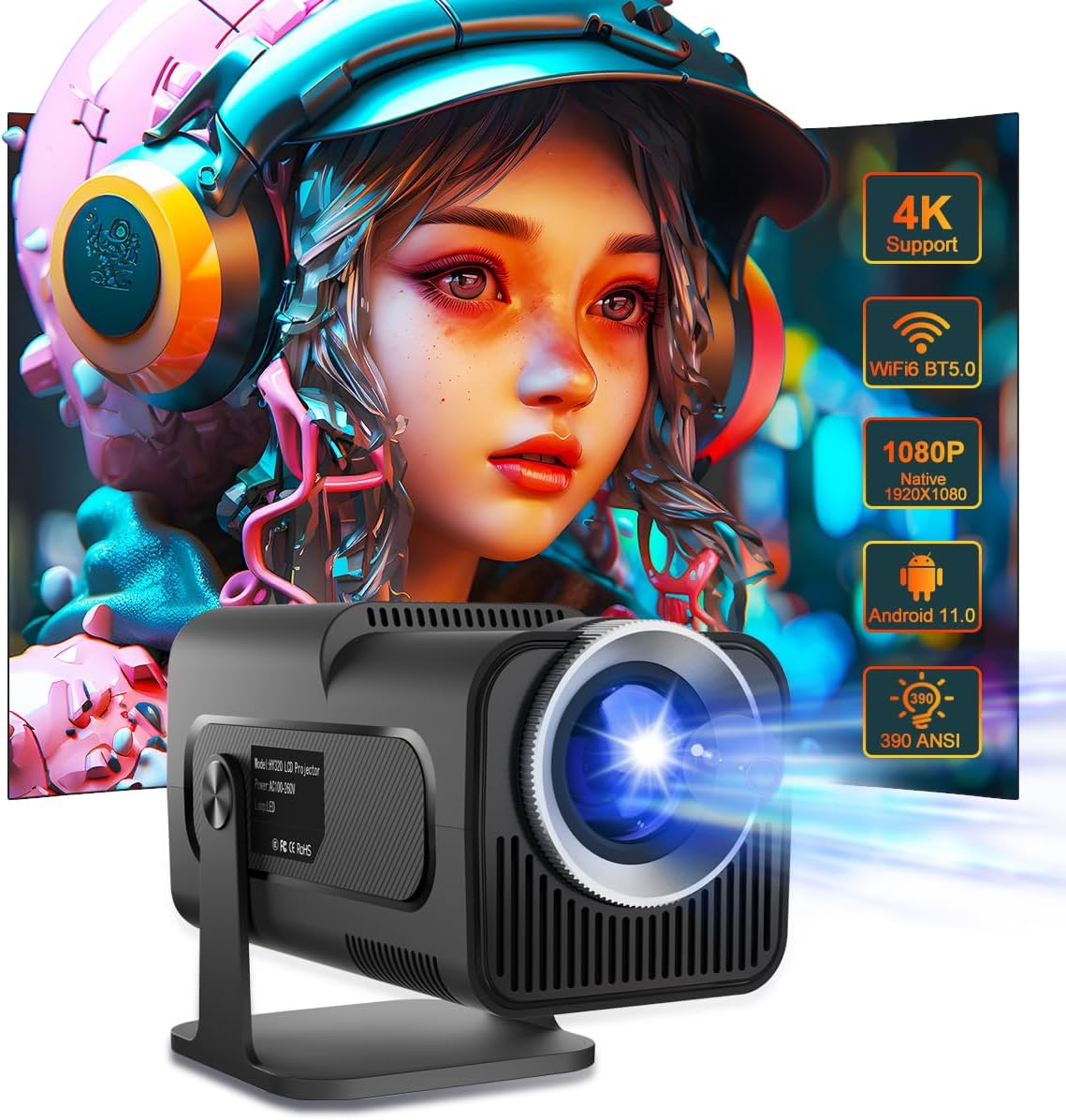Mini Projector 4K Support Portable Projector with Auto Keystone Natvie 1080P Smart Projector for Bedroom 180 Rotatable Built-in Android 11.0 WiFi6 BT5.0 Home Theater Projector Compatible with Phone