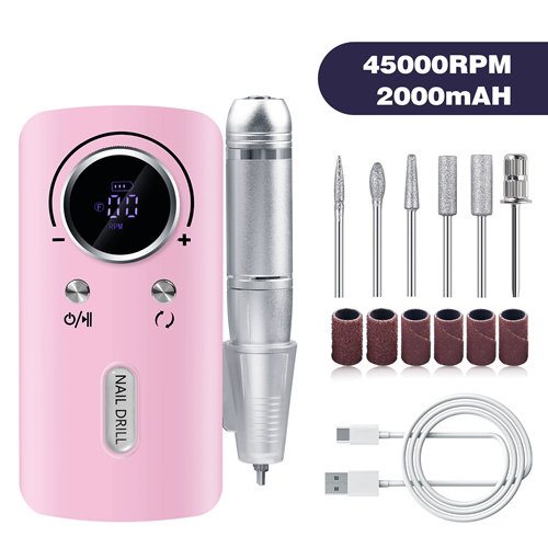 (Pink) 45000RPM Nail Drill Machine Electric Portable Nail File Rechargeable Nail Sander