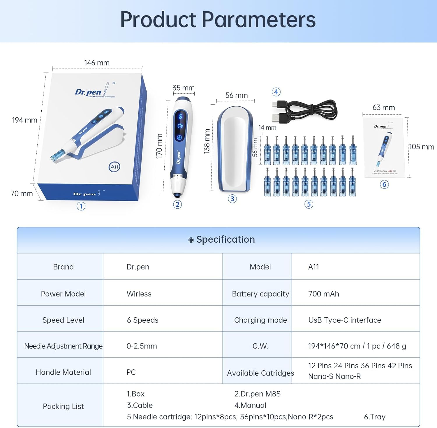 Dr. Pen A11 Professional Wireless Microneedling Pen Derma Pen 22 Replacement Cartridges Adjustable Micro Needling Derma Machine with Induction Base for Skin Car