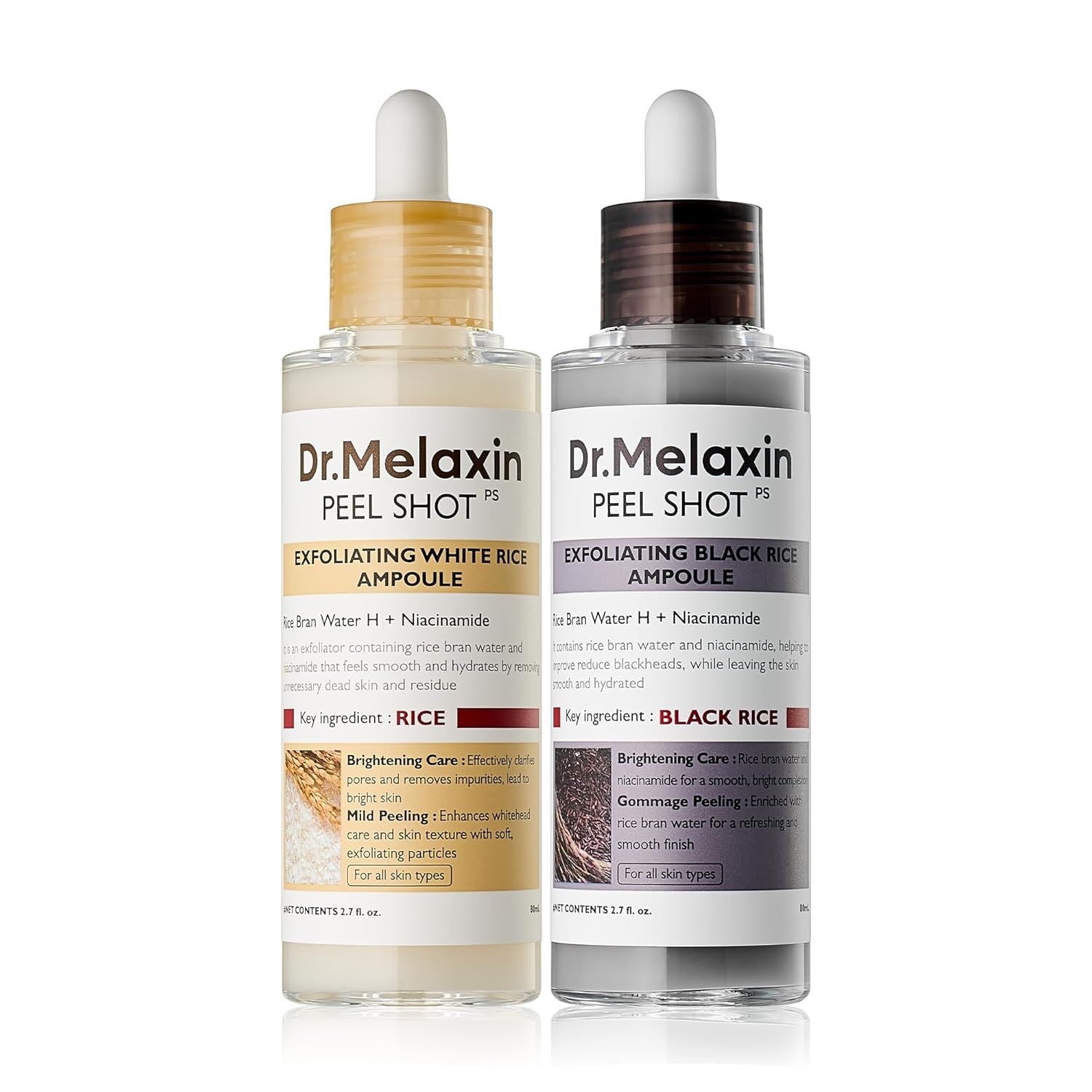 Dr.Melaxin Peel Shot Glow Rice Peeling Ampoule Duo Daily Soft Exfoliating Face and Body Scrub Dead Skin Cells Blackhead Remover All Skin Types Korean Skin Care