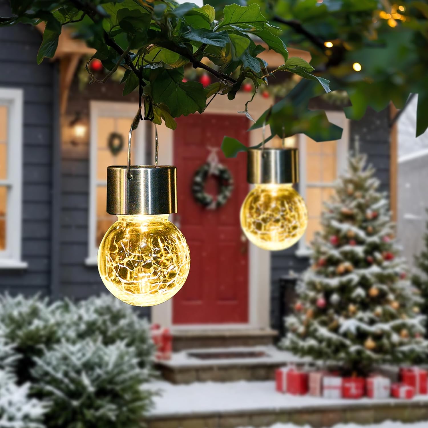 (12 pcs) Solar Outdoor Lights Hanging Lights for Christmas Decoration Cracked Glass Waterproof for Garden Yard Fence Tree