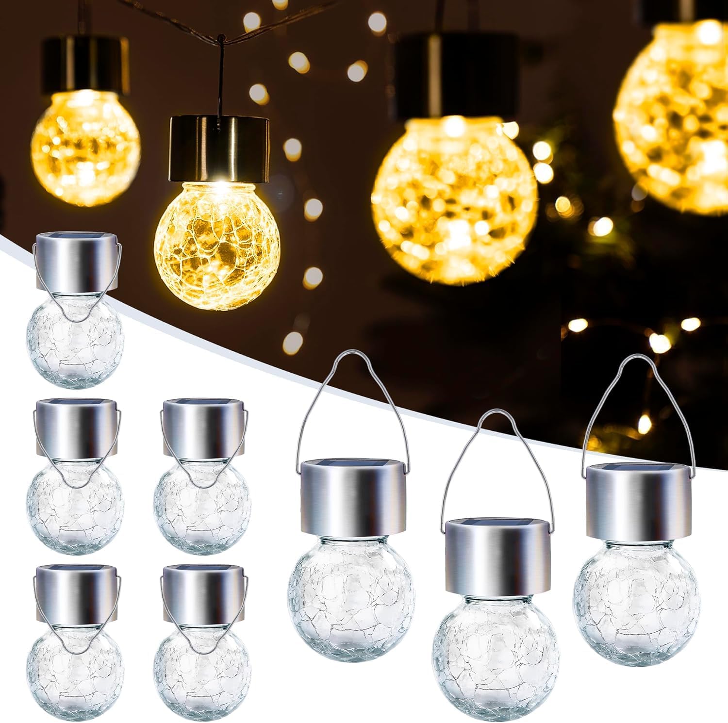 (12 pcs) Solar Outdoor Lights Hanging Lights for Christmas Decoration Cracked Glass Waterproof for Garden Yard Fence Tree