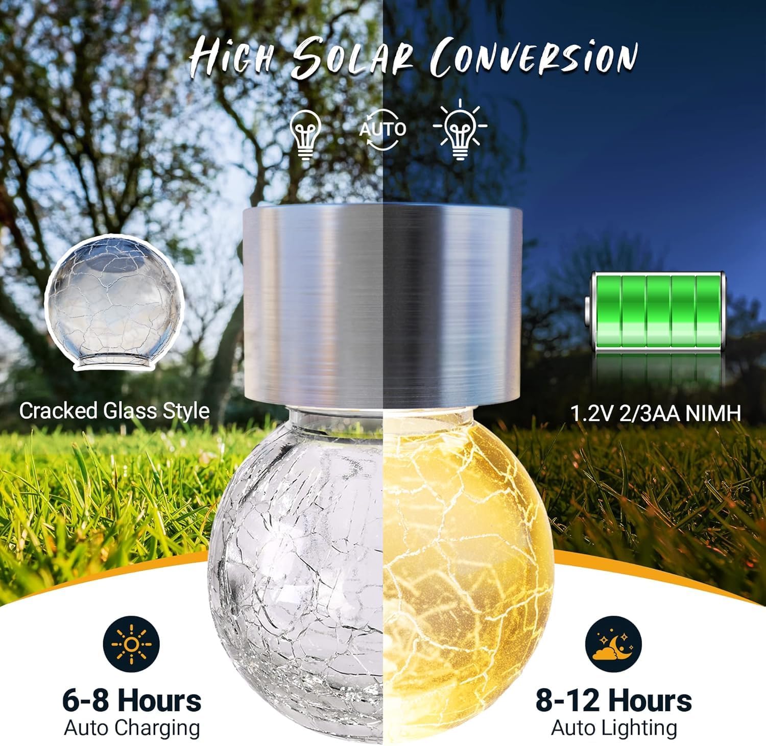 (12 pcs) Solar Outdoor Lights Hanging Lights for Christmas Decoration Cracked Glass Waterproof for Garden Yard Fence Tree